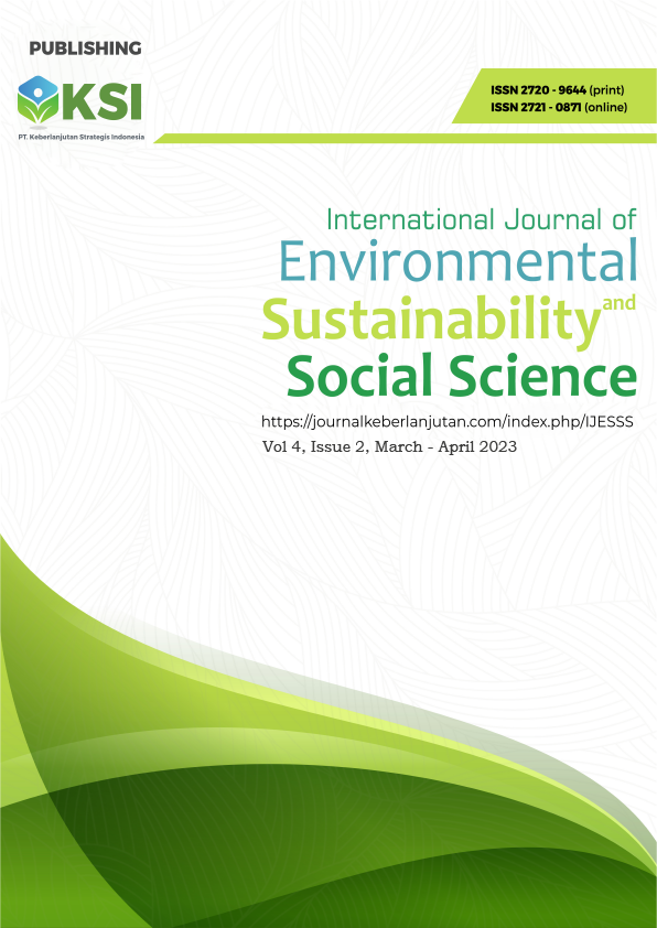 					View Vol. 4 No. 2 (2023): International Journal of Environmental, Sustainability, and Social Science (March - April 2023)
				